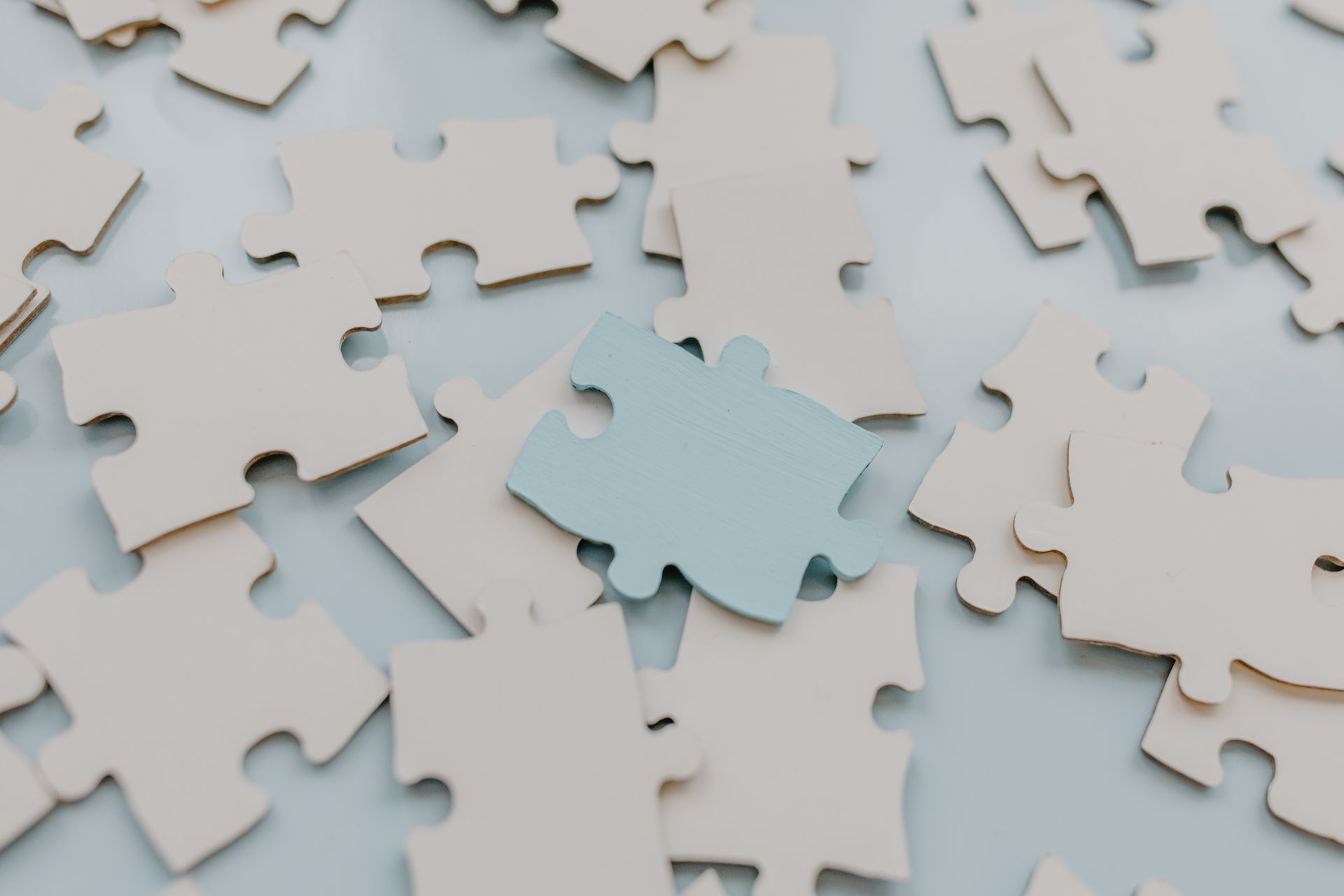 Scattered puzzle pieces on a light blue background, one blue piece in the middle